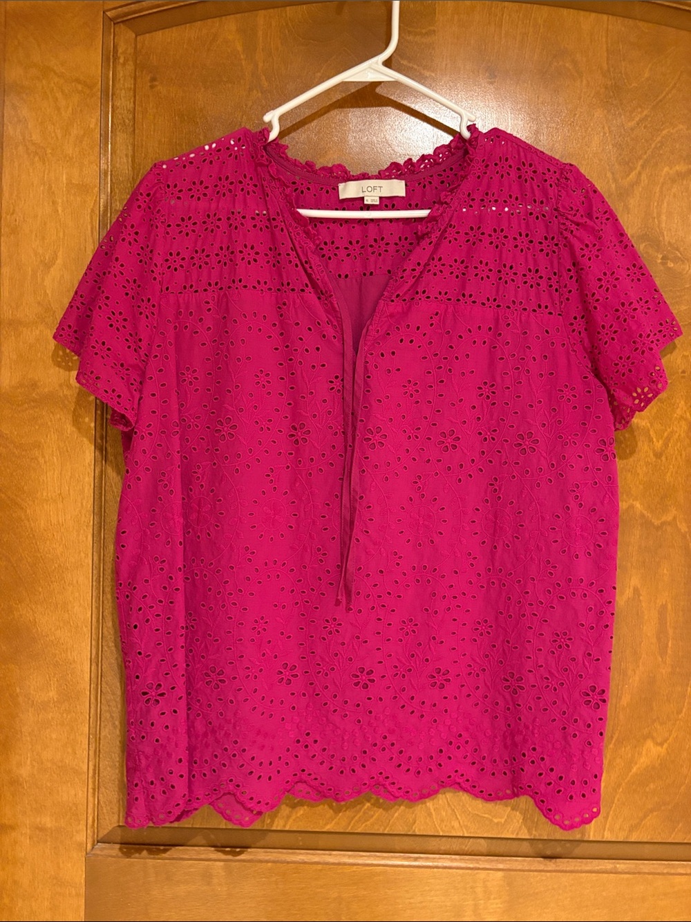 LOFT Fuchsia Eyelet Split-Neck Blouse